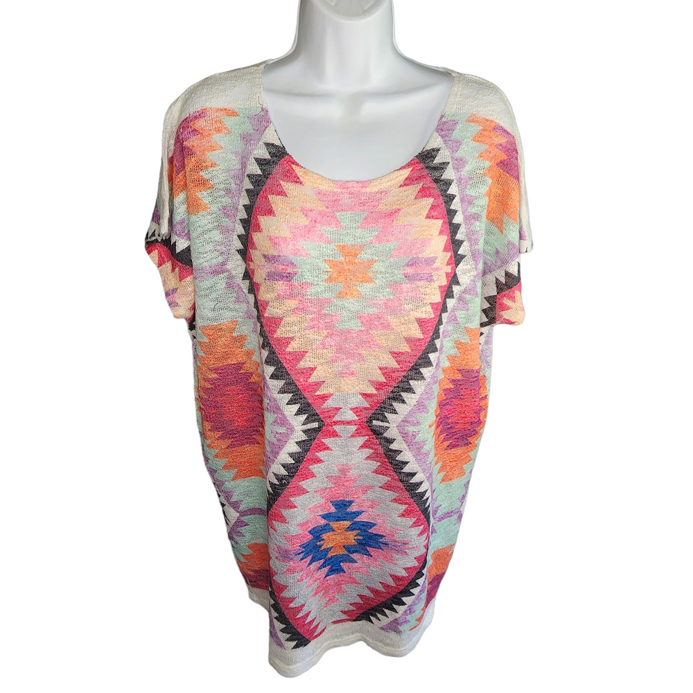 Luna Chic Sweater Blouse Women Large Pink Aztec Oversized Tunic Lightweight